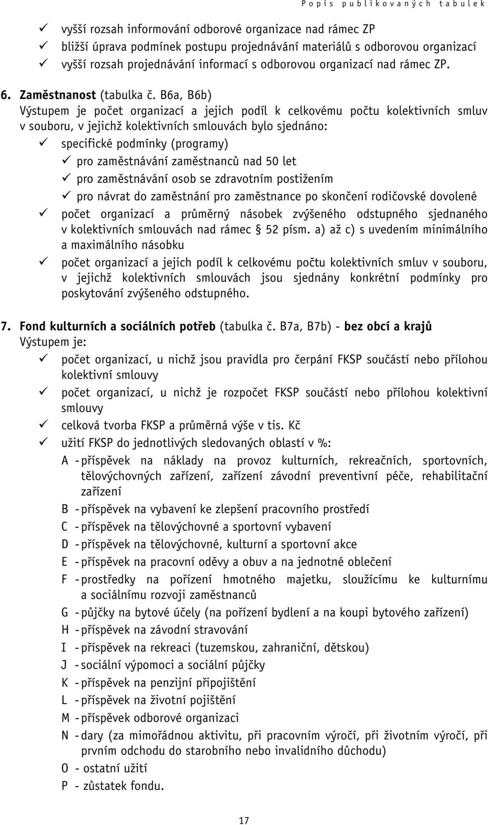 B6a, B6b) Výstupem je počet organizací a jejich podíl k celkovému počtu kolektivních smluv v souboru, v jejichž kolektivních smlouvách bylo sjednáno: specifické podmínky (programy) pro zaměstnávání