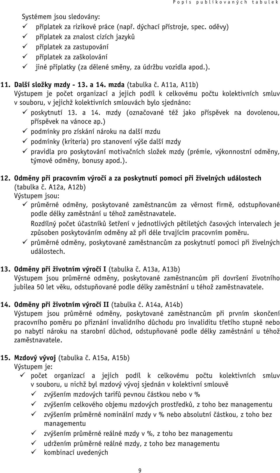 mzda (tabulka č. A11a, A11b) Výstupem je počet organizací a jejich podíl k celkovému počtu kolektivních smluv v souboru, v jejichž kolektivních smlouvách bylo sjednáno: poskytnutí 13. a 14.