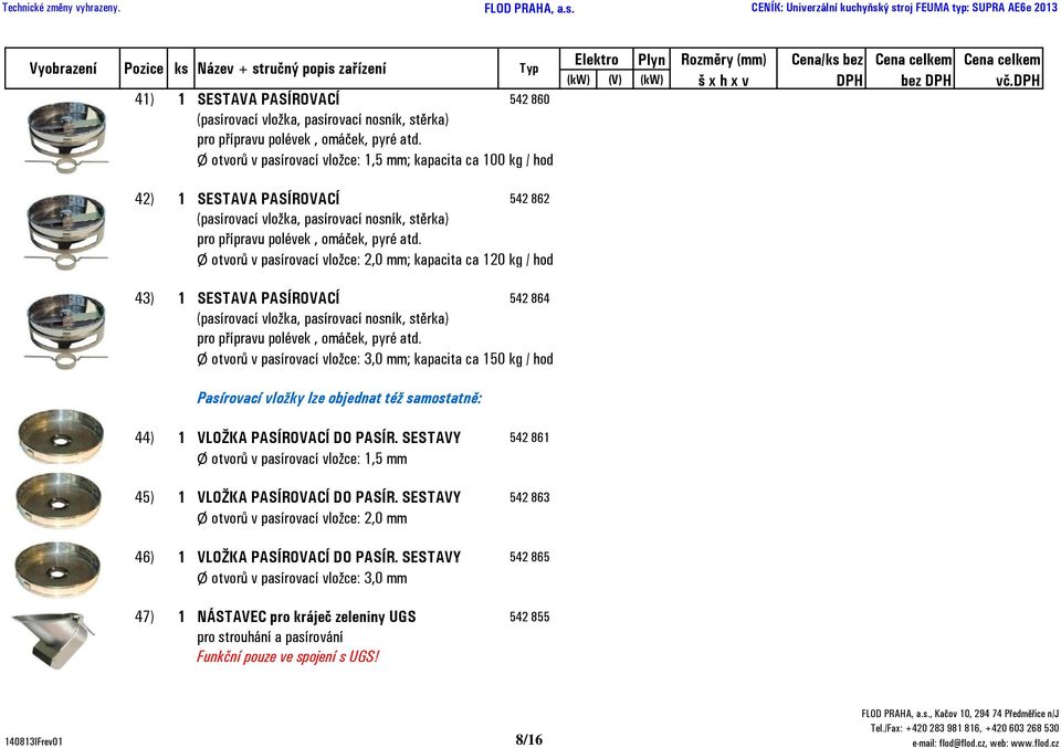 atd. Ø otvorů v pasírovací vložce: 2,0 mm; kapacita ca 120 kg / hod 43) 1 SESTAVA PASÍROVACÍ 542 864 12 096 12 096 14 636 (pasírovací vložka, pasírovací nosník, stěrka) pro přípravu polévek, omáček,