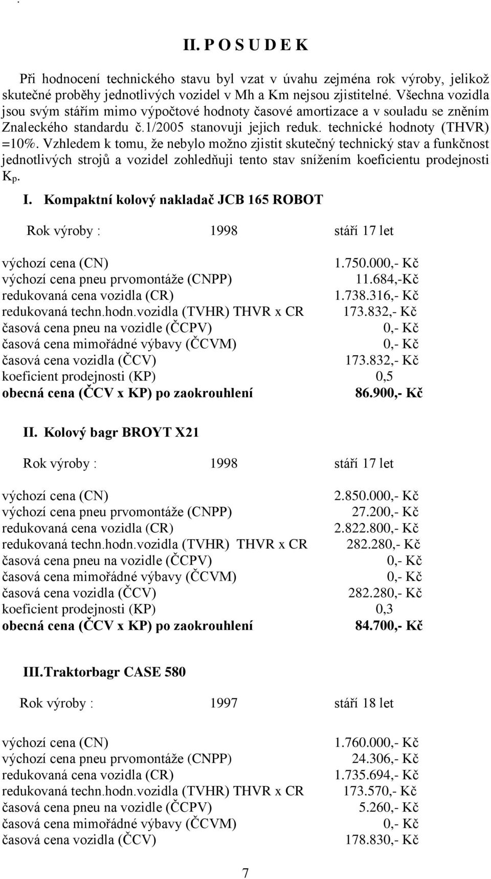 Vzhledem k tomu, že nebylo možno zjistit skutečný technický stav a funkčnost jednotlivých strojů a vozidel zohledňuji tento stav snížením koeficientu prodejnosti Kp. I.