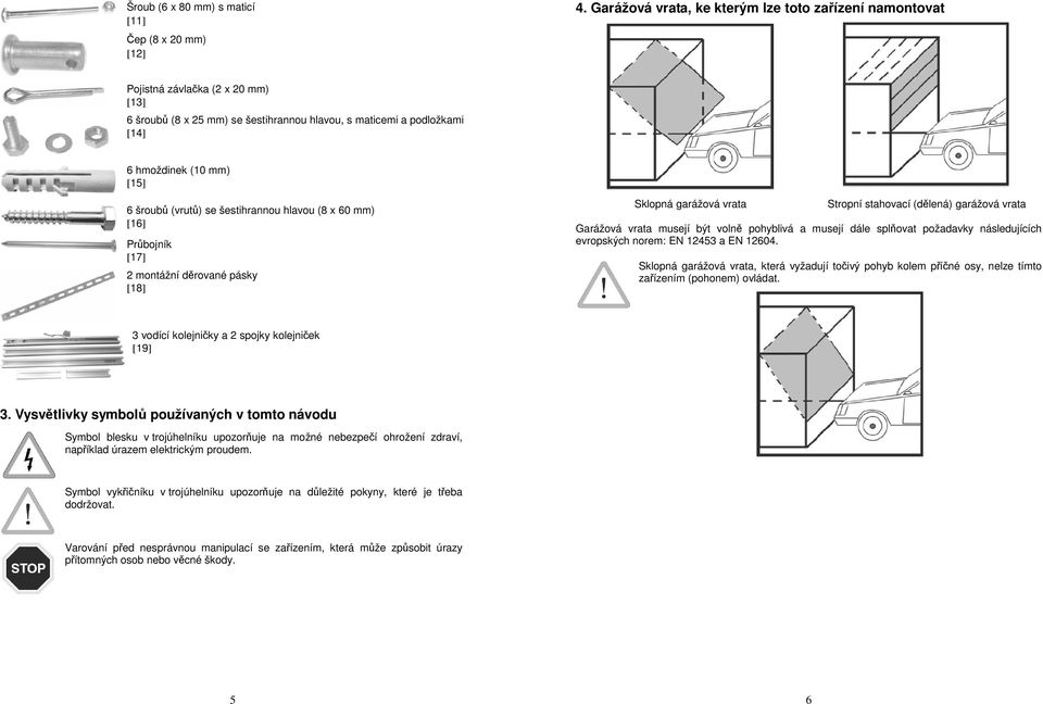 (vrutů) se šestihrannou hlavou (8 x 60 mm) [16] Průbojník [17] 2 montážní děrované pásky [18] Sklopná garážová vrata Stropní stahovací (dělená) garážová vrata Garážová vrata musejí být volně