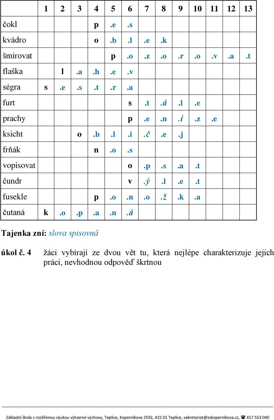 ý.l.e.t fusekle p.o.n.o.ž.k.a čutaná k.o.p.a.n.á Tajenka zní: slova spisovná úkol č.