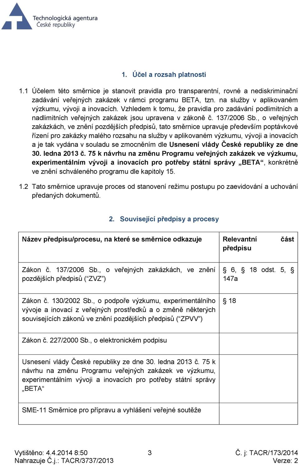 , o veřejných zakázkách, ve znění pozdějších předpisů, tato směrnice upravuje především poptávkové řízení pro zakázky malého rozsahu na služby v aplikovaném výzkumu, vývoji a inovacích a je tak