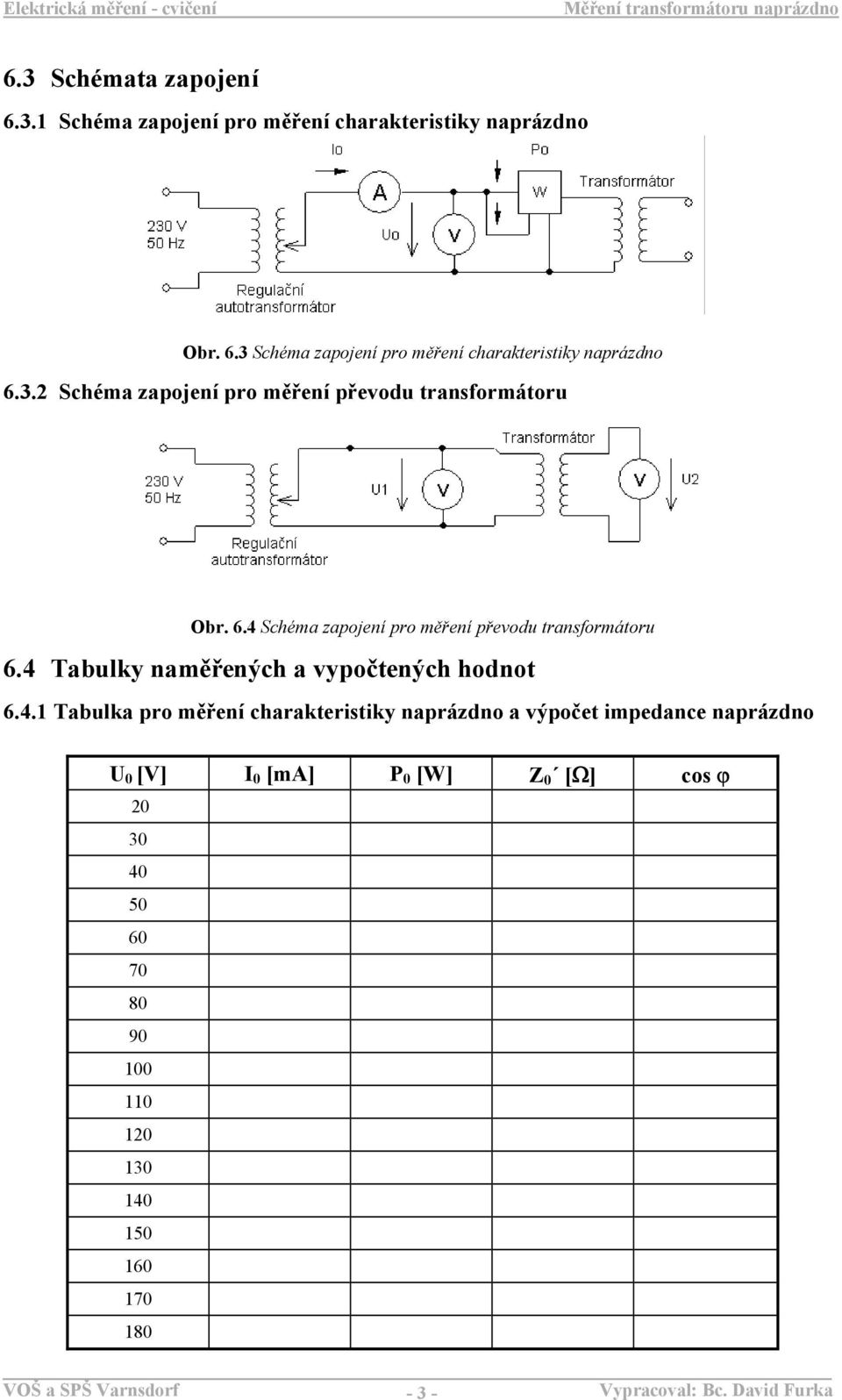 4 Tabulky naměřených a vypočtených hodnot 6.4.1 Tabulka pro měření charakteristiky naprázdno a výpočet impedance