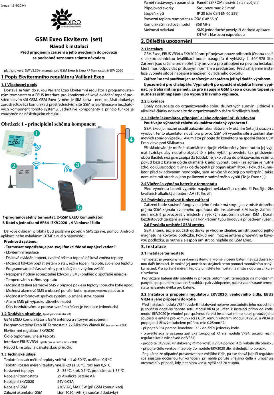 1 Všeobecný popis Dostává se Vám do rukou Vaillant Exeo Ekvitermní regulátor s programovatelným termostatem a EBUS Interface pro komfortní dálkové ovládání topení prostřednictvím sítí GSM.