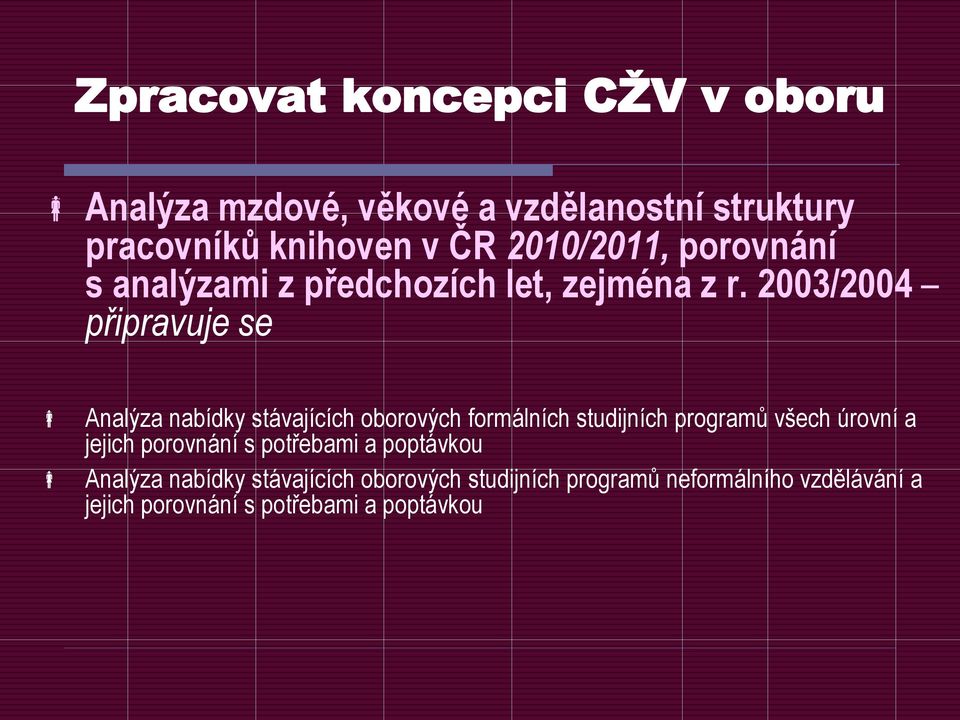 2003/2004 připravuje se Analýza nabídky stávajících oborových formálních studijních programů všech úrovní a