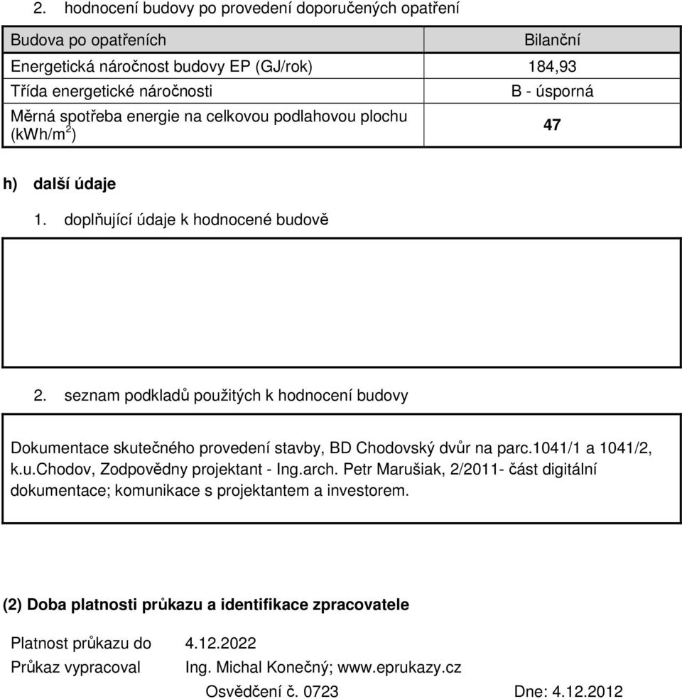 seznam podkladů použitých k hodnocení budovy Dokumentace skutečného provedení stavby, BD Chodovský dvůr na parc.1041/1 a 1041/2, k.u.chodov, Zodpovědny projektant - Ing.arch.