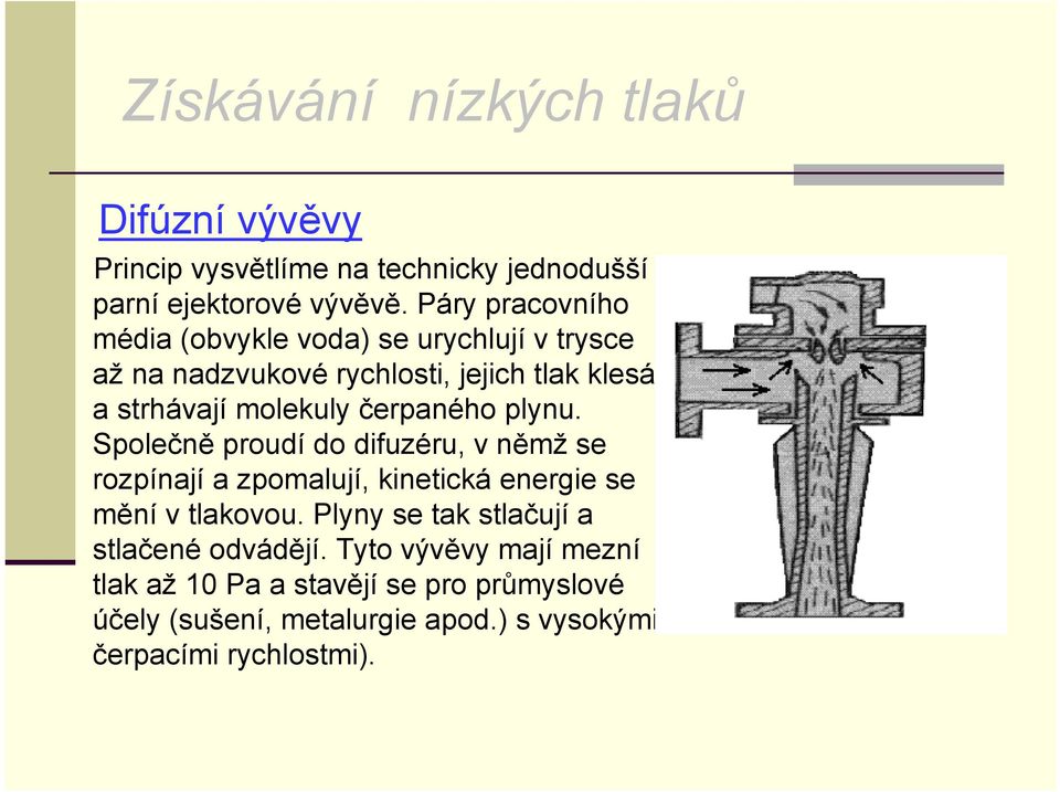 molekuly čerpaného plynu. Společně proudí do difuzéru, v němž se rozpínají a zpomalují, kinetická energie se mění v tlakovou.