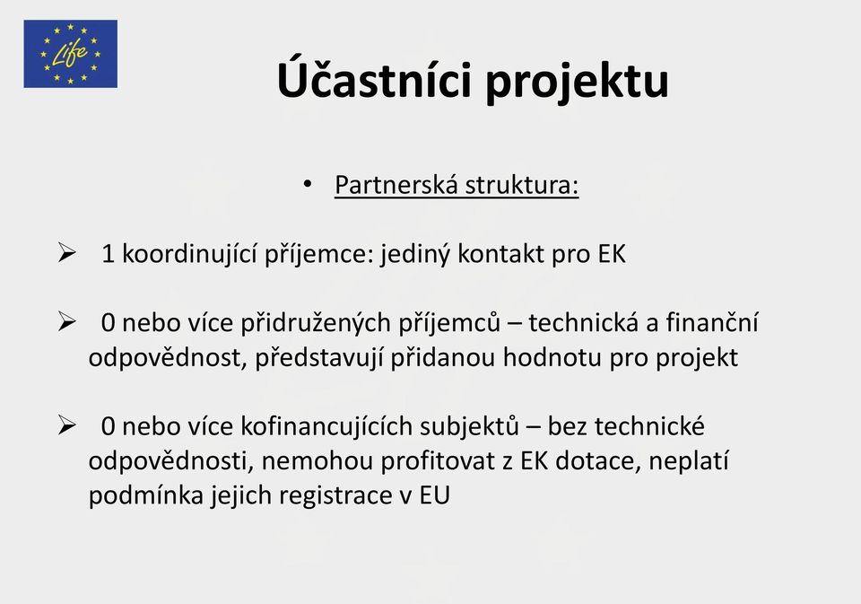 představují přidanou hodnotu pro projekt 0 nebo více kofinancujících subjektů bez