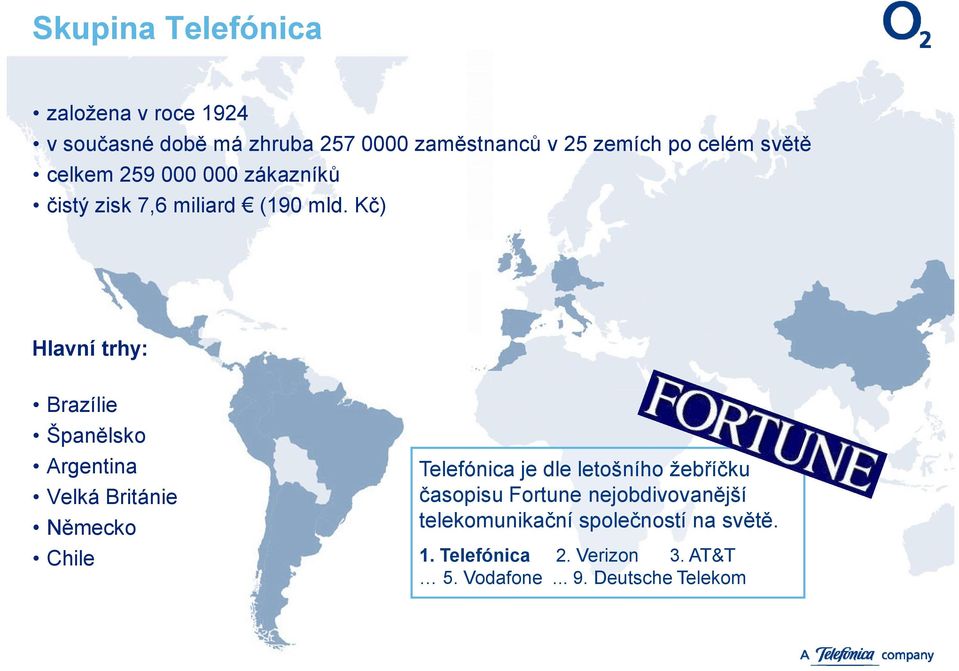 Kč) Hlavní trhy: Brazílie Španělsko Argentina Velká Británie Německo Chile Telefónica je dle letošního