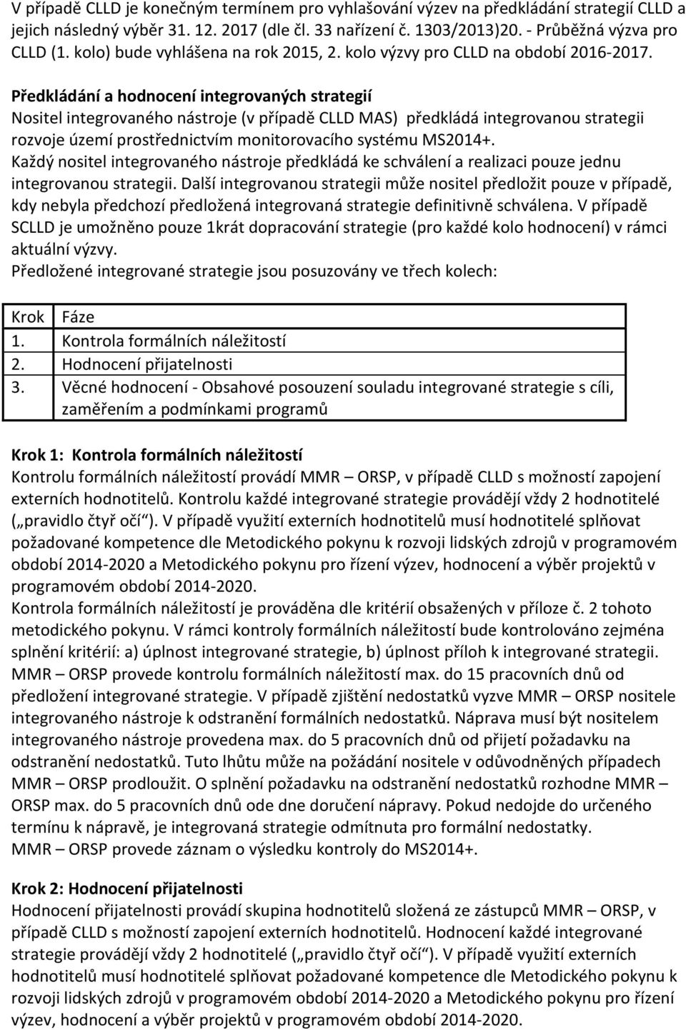 Předkládání a hodnocení integrovaných strategií Nositel integrovaného nástroje (v případě CLLD MAS) předkládá integrovanou strategii rozvoje území prostřednictvím monitorovacího systému MS2014+.