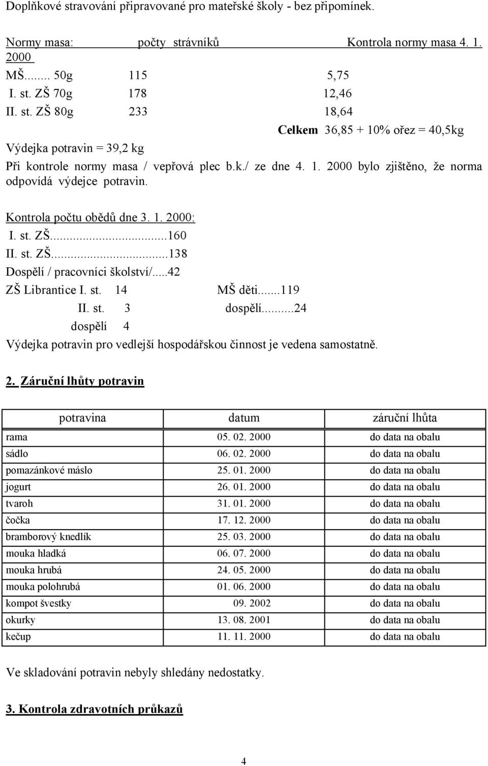 ..119 II. st. 3 dospělí...24 dospělí 4 Výdejka potravin pro vedlejší hospodářskou činnost je vedena samostatně. 2. Záruční lhůty potravin potravina datum záruční lhůta rama 05. 02.