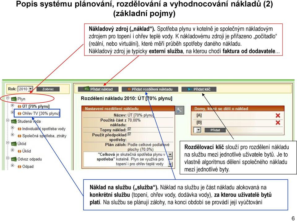 Nákladový zdroj je typicky externí služba, na kterou chodí faktura od dodavatele Rozdělovací klíč slouží pro rozdělení nákladu na službu mezi jednotlivé uživatele bytů.