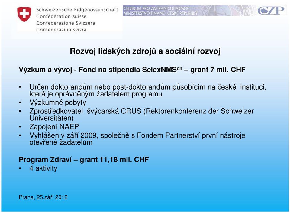 Výzkumné pobyty Zprostředkovatel švýcarská CRUS (Rektorenkonferenz der Schweizer Universitäten) Zapojení NAEP