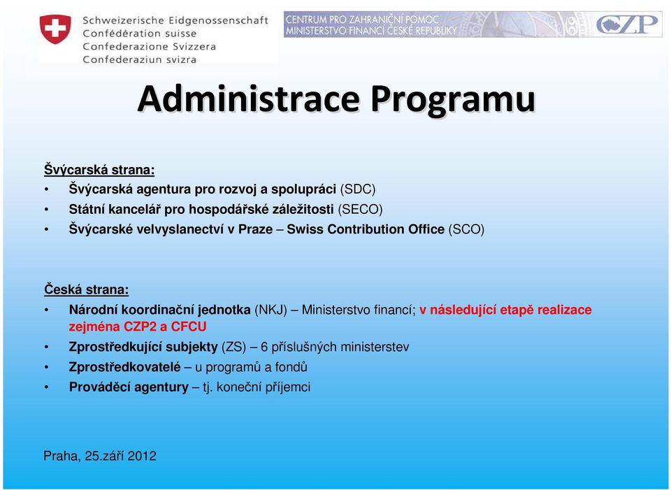 Národní koordinační jednotka (NKJ) Ministerstvo financí; v následující etapě realizace zejména CZP2 a CFCU