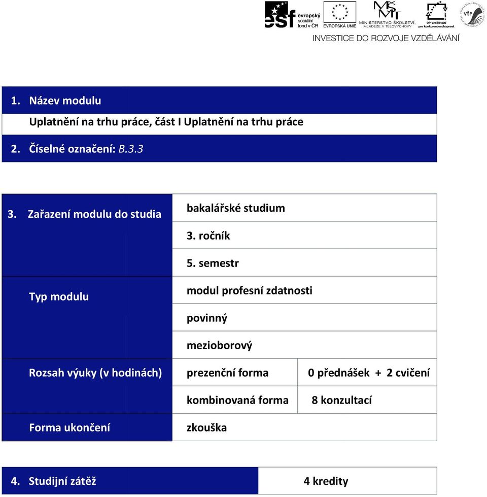 semestr Typ modul profesní zdatnosti povinný mezioborový (v hodinách) prezenční