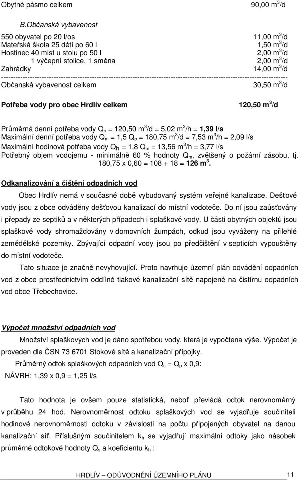 m 3 /d ------------------------------------------------------------------------------------------------------------------------ Občanská vybavenost celkem 30,50 m 3 /d Potřeba vody pro obec Hrdlív