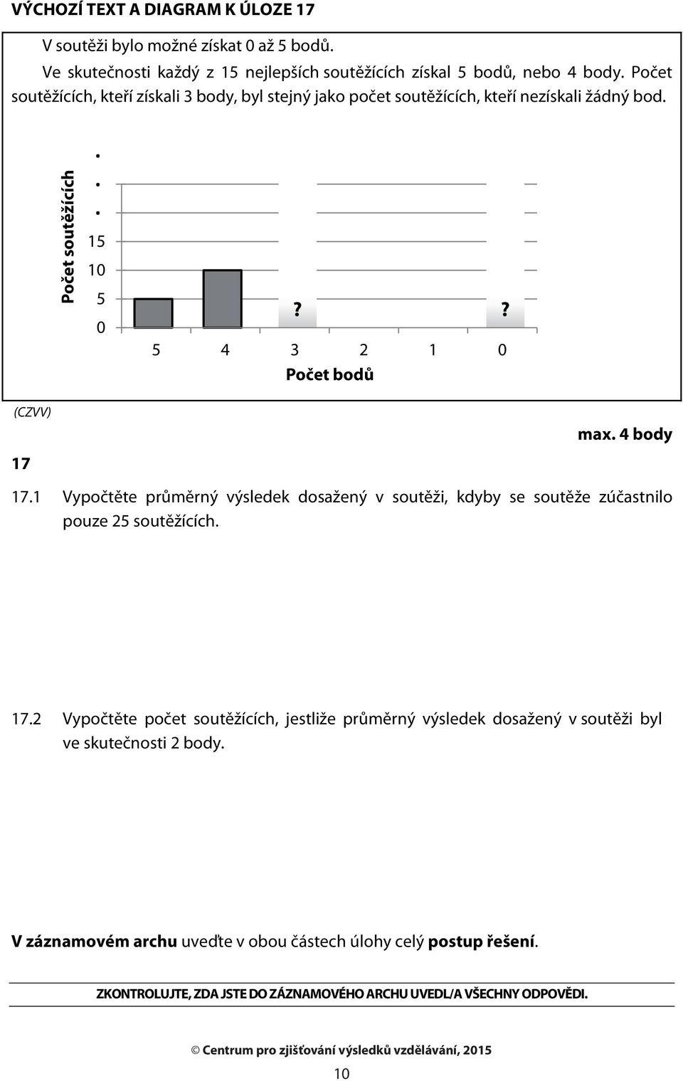 4 body 17.1 Vypočtěte průměrný výsledek dosažený v soutěži, kdyby se soutěže zúčastnilo pouze 25 soutěžících. 17.2 Vypočtěte počet soutěžících, jestliže průměrný výsledek dosažený v soutěži byl ve skutečnosti 2 body.