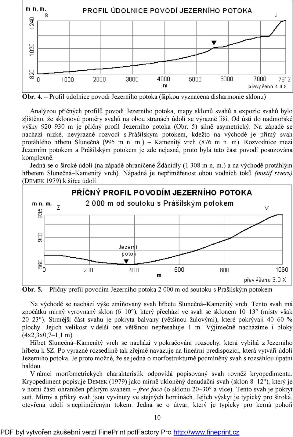 svahů na obou stranách údolí se výrazně liší. Od ústí do nadmořské výšky 920 930 m je příčný profil Jezerního potoka (Obr. 5) silně asymetrický.
