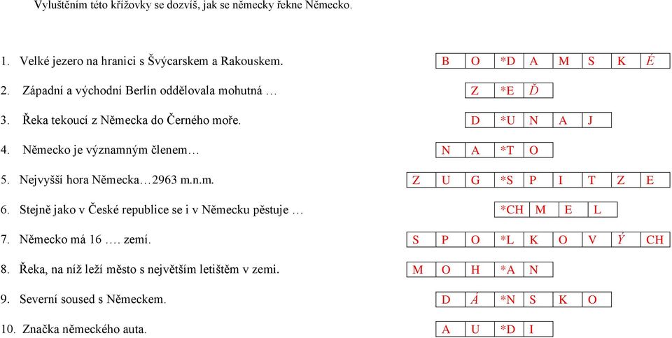 Nejvyšší hora Německa 2963 m.n.m. Z U G *S P I T Z E 6. Stejně jako v České republice se i v Německu pěstuje *CH M E L 7. Německo má 16. zemí.