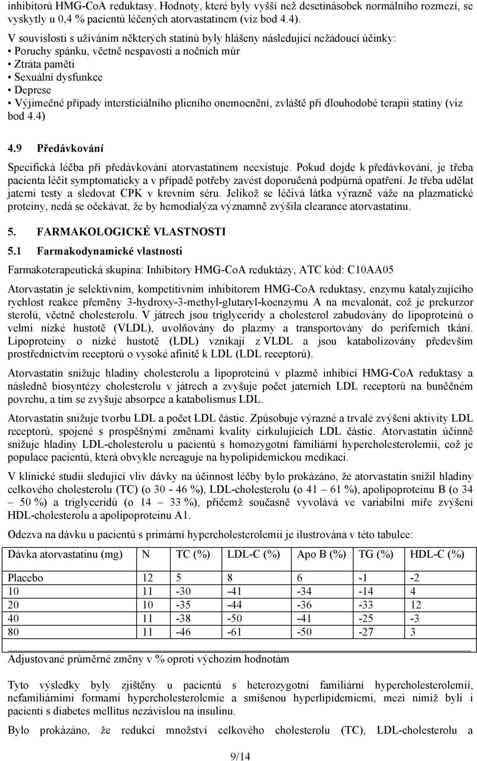 intersticiálního plicního onemocnění, zvláště při dlouhodobé terapii statíny (viz bod 4.4) 4.9 Předávkování Specifická léčba při předávkování atorvastatinem neexistuje.