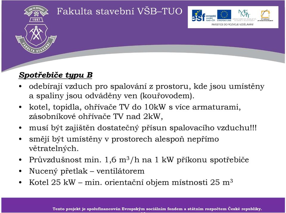 !! smějíbýt umístěny vprostorech alespoňnepřímo větratelných. Průvzdušnost min. 1,6 m 3 /h na 1 kw příkonu spotřebiče Nucený přetlak ventilátorem Kotel 25 kw min.