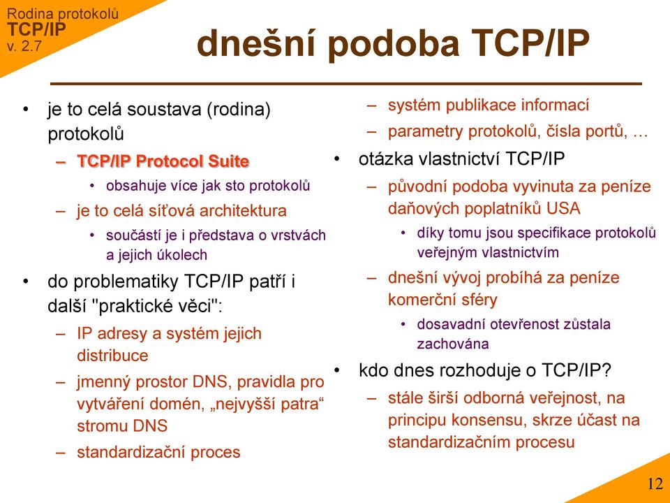 publikace informací parametry protokolů, čísla portů, otázka vlastnictví původní podoba vyvinuta za peníze daňových poplatníků USA díky tomu jsou specifikace protokolů veřejným vlastnictvím