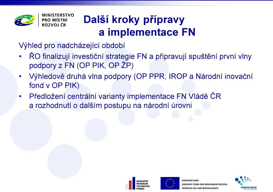 Výhledově druhá vlna podpory (OP PPR, IROP a Národní inovační fond v OP PIK) Předložení