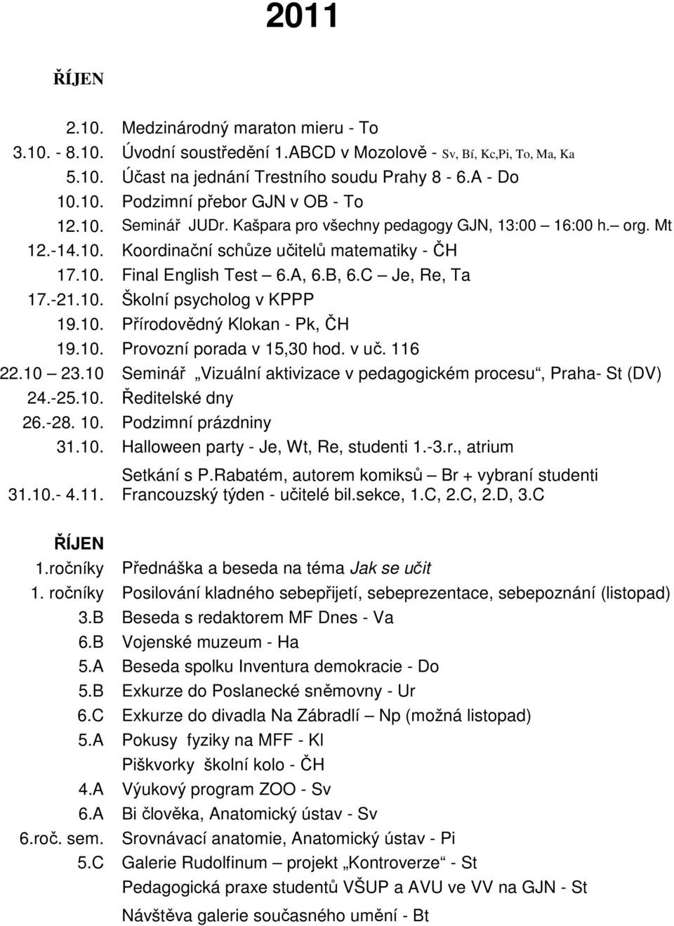 10. Přírodovědný Klokan - Pk, ČH 19.10. Provozní porada v 15,30 hod. v uč. 116 22.10 23.10 Seminář Vizuální aktivizace v pedagogickém procesu, Praha- St (DV) 24.-25.10. Ředitelské dny 26.-28. 10.