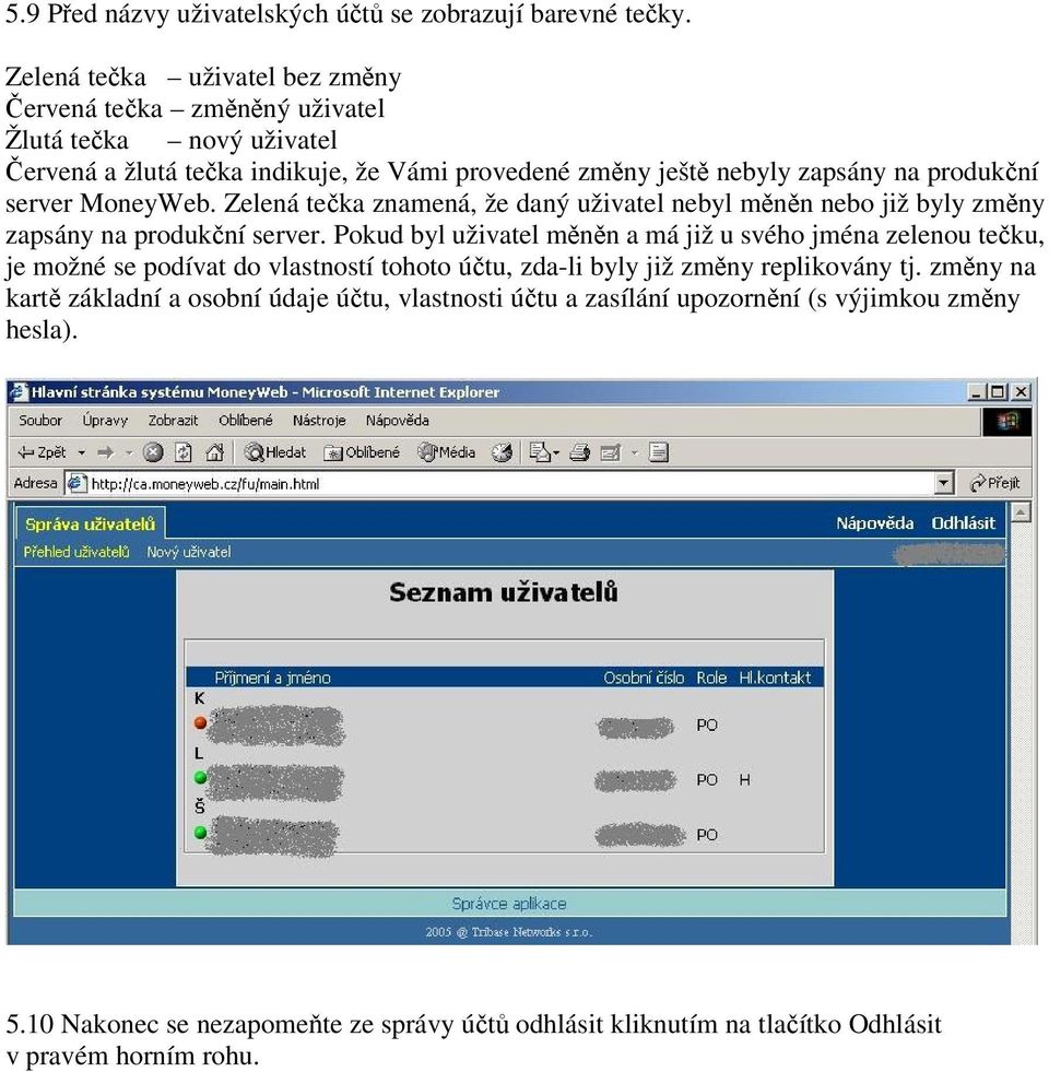 server MoneyWeb. Zelená tečka znamená, že daný uživatel nebyl měněn nebo již byly změny zapsány na produkční server.