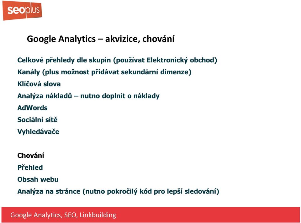 nutno dopnit o nákady AdWords Sociání sítě Vyhedávače Chování Přehed Obsah webu