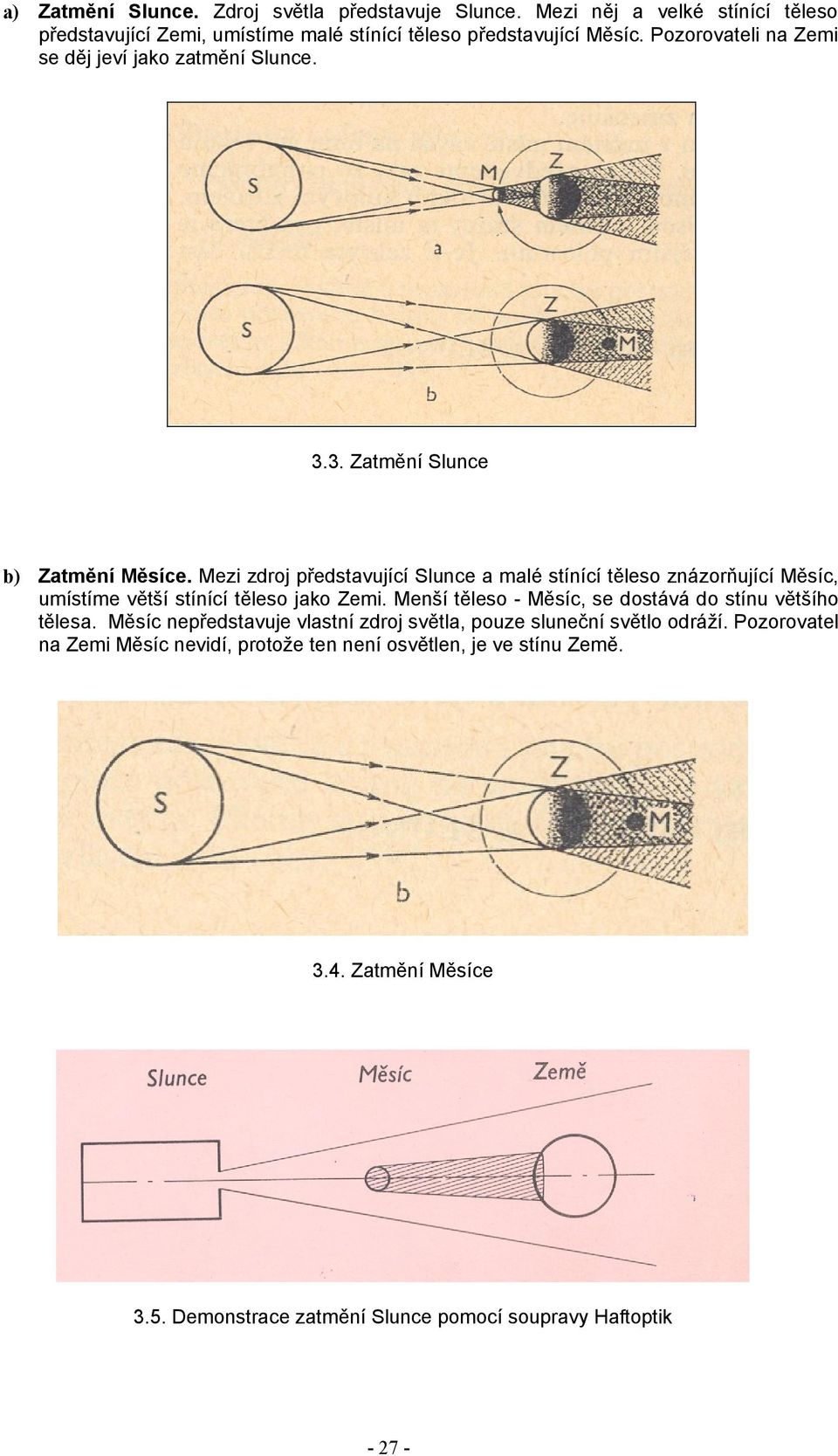 Mezi zdroj představující Slunce a malé stínící těleso znázorňující Měsíc, umístíme větší stínící těleso jako Zemi.