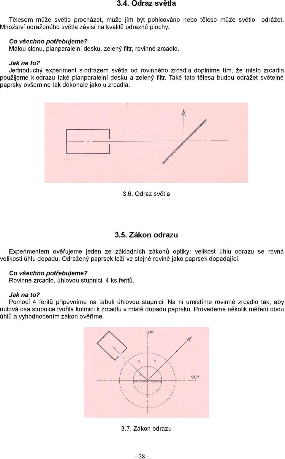 Jednoduchý experiment s odrazem světla od rovinného zrcadla doplníme tím, že místo zrcadla použijeme k odrazu také planparalelní desku a zelený filtr.