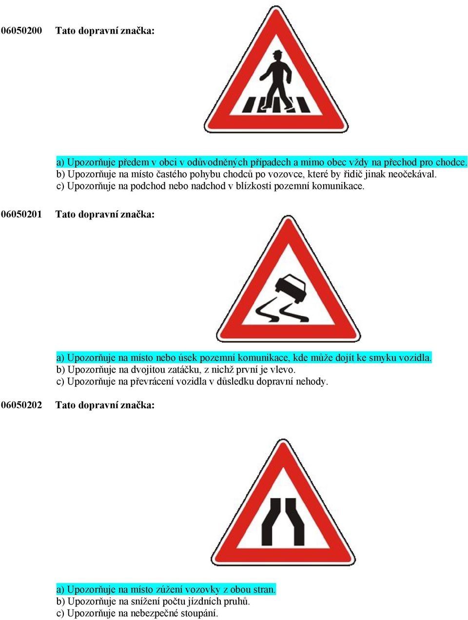 06050201 Tato dopravní značka: a) Upozorňuje na místo nebo úsek pozemní komunikace, kde může dojít ke smyku vozidla.