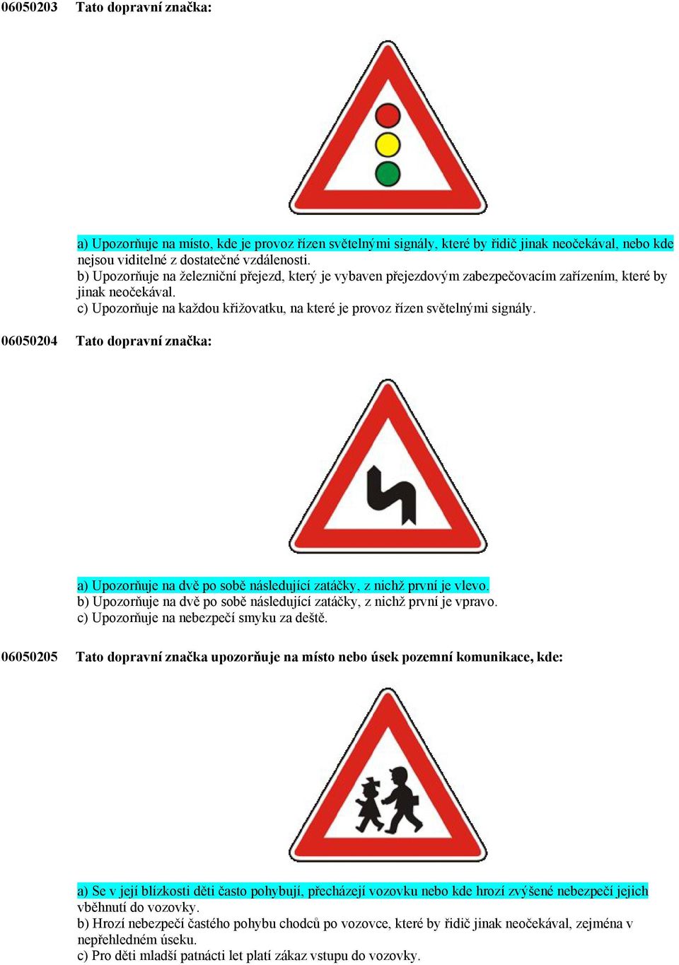 06050204 Tato dopravní značka: a) Upozorňuje na dvě po sobě následující zatáčky, z nichž první je vlevo. b) Upozorňuje na dvě po sobě následující zatáčky, z nichž první je vpravo.