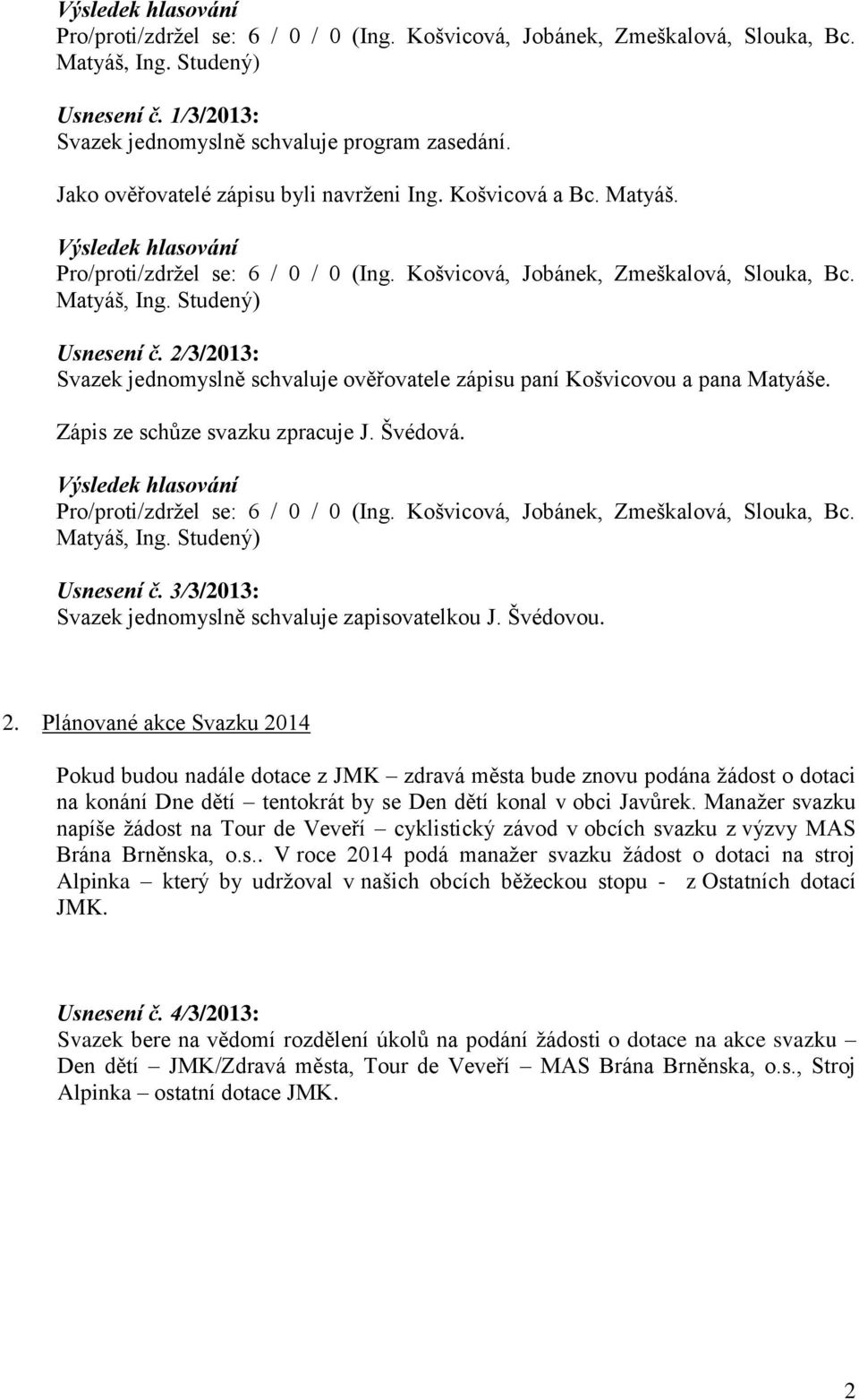 3/3/2013: Svazek jednomyslně schvaluje zapisovatelkou J. Švédovou. 2.