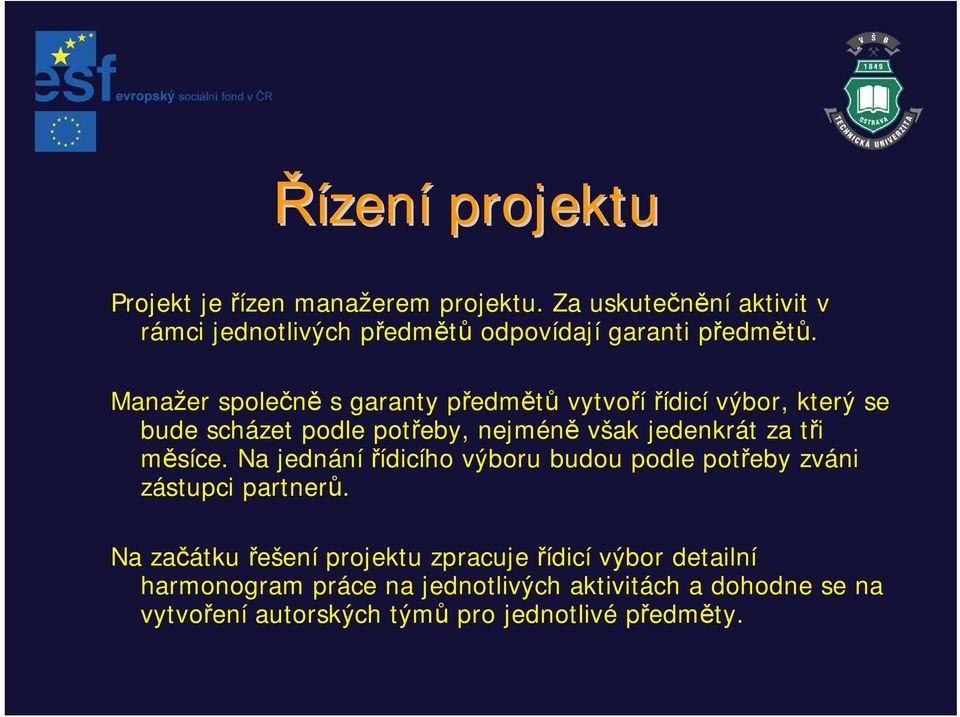 Manažer společně s garanty předmětů vytvoří řídicí výbor, který se bude scházet podle potřeby, nejméně však jedenkrát za tři