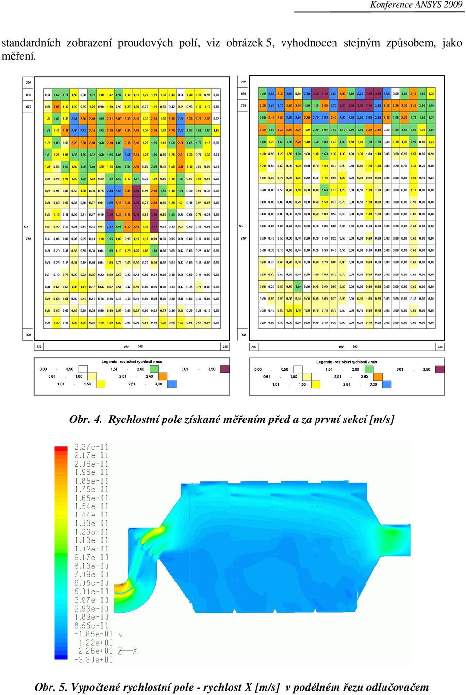 Rychlostní pole získané měřením před a za první sekcí [m/s] Obr. 5.