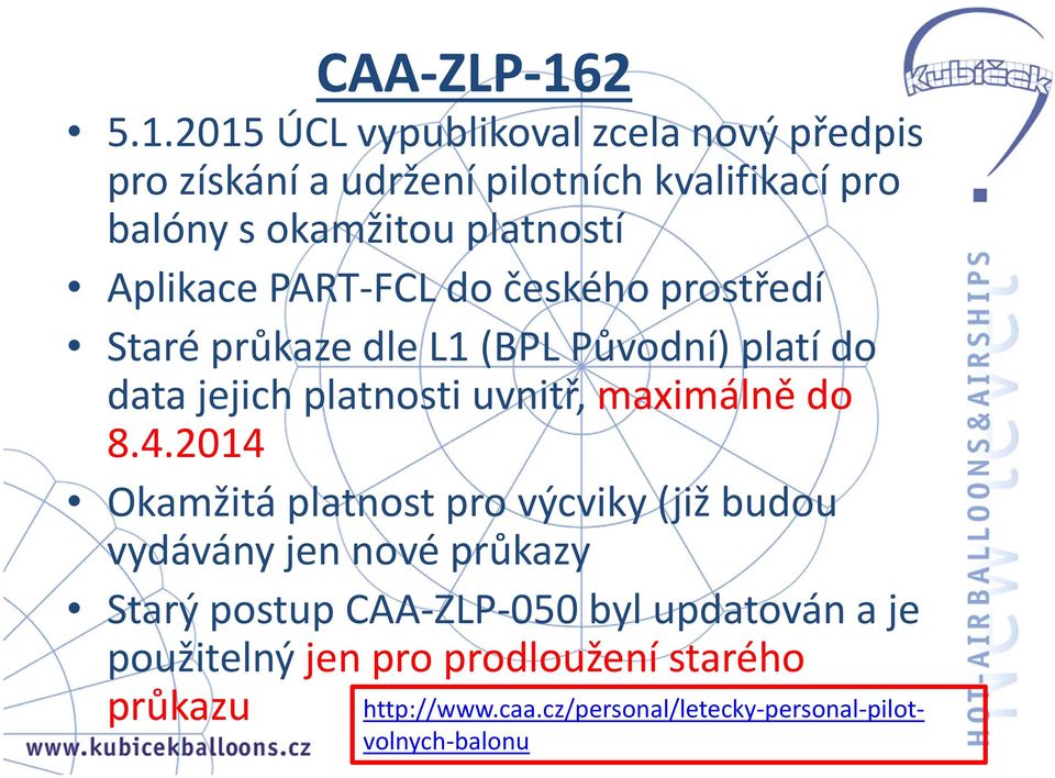 2015 ÚCL vypublikoval zcela nový předpis pro získání a udržení pilotních kvalifikací pro balóny s okamžitou platností