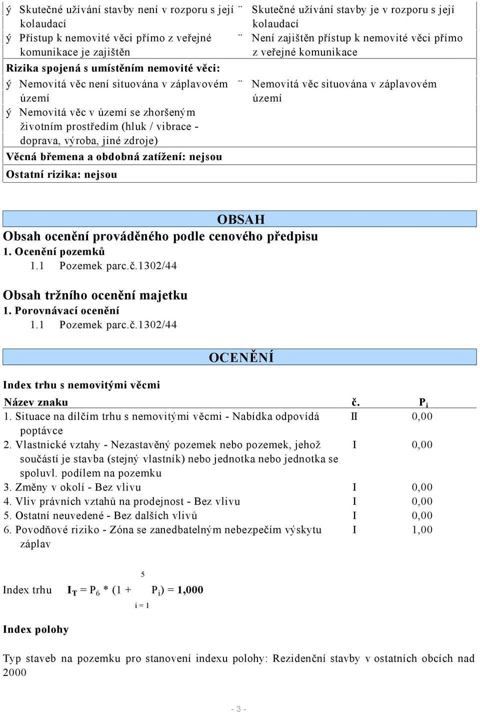 vibrace - doprava, výroba, jiné zdroje) Věcná břemena a obdobná zatížení: nejsou Ostatní rizika: nejsou Nemovitá věc situována v záplavovém území OBSAH Obsah ocenění prováděného podle cenového