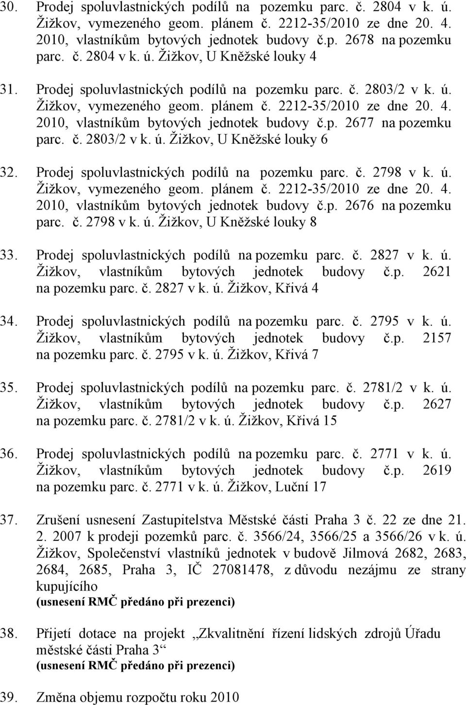 Prodej spoluvlastnických podílů na pozemku parc. č. 2798 v k. ú. 2010, vlastníkům bytových jednotek budovy č.p. 2676 na pozemku parc. č. 2798 v k. ú. Žižkov, U Kněžské louky 8 33.