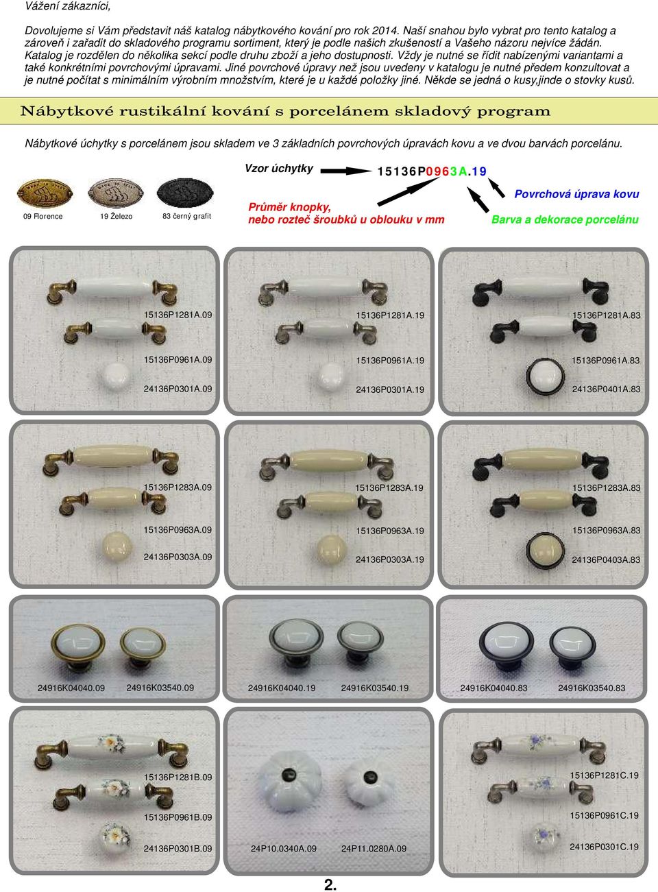 Katalog je rozdělen do několika sekcí podle druhu zboží a jeho dostupnosti. Vždy je nutné se řídit nabízenými variantami a také konkrétními povrchovými úpravami.