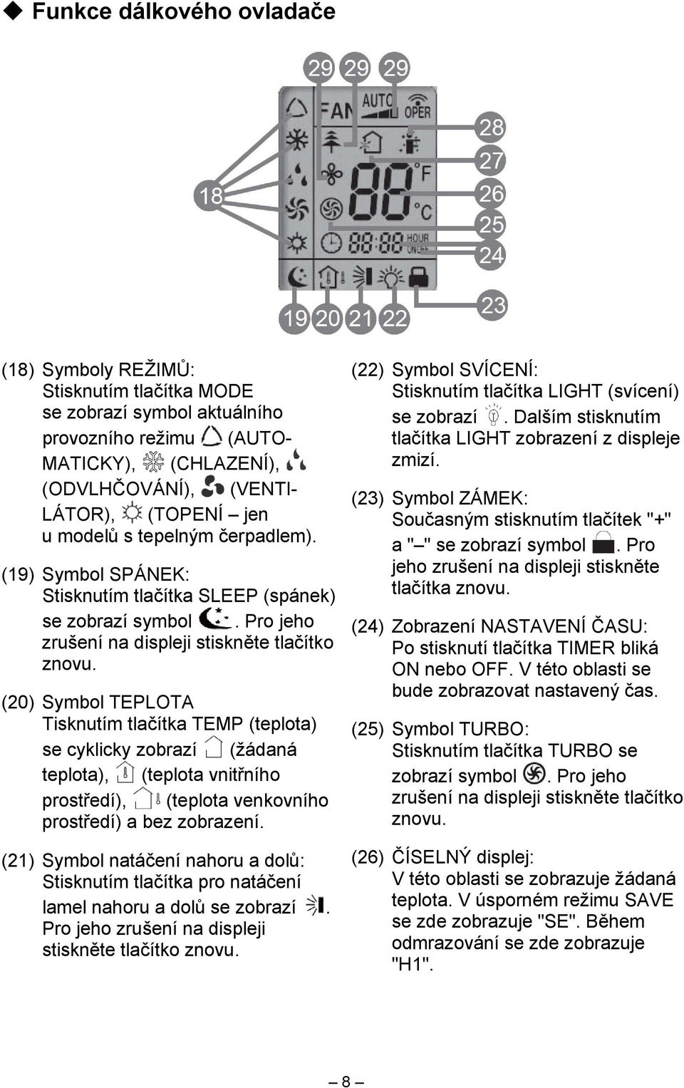 (20) Symbol TEPLOTA Tisknutím tlačítka TEMP (teplota) se cyklicky zobrazí (žádaná teplota), (teplota vnitřního prostředí), (teplota venkovního prostředí) a bez zobrazení.