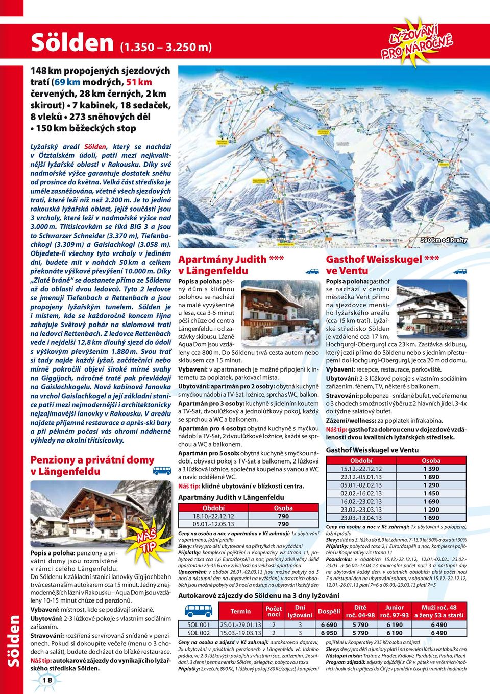 Sölden Lyžařský areál Sölden, který se nachází v Ötztalském údolí, patří mezi nejkvalitnější lyžařské oblasti v Rakousku. Díky své nadmořské výšce garantuje dostatek sněhu od prosince do května.