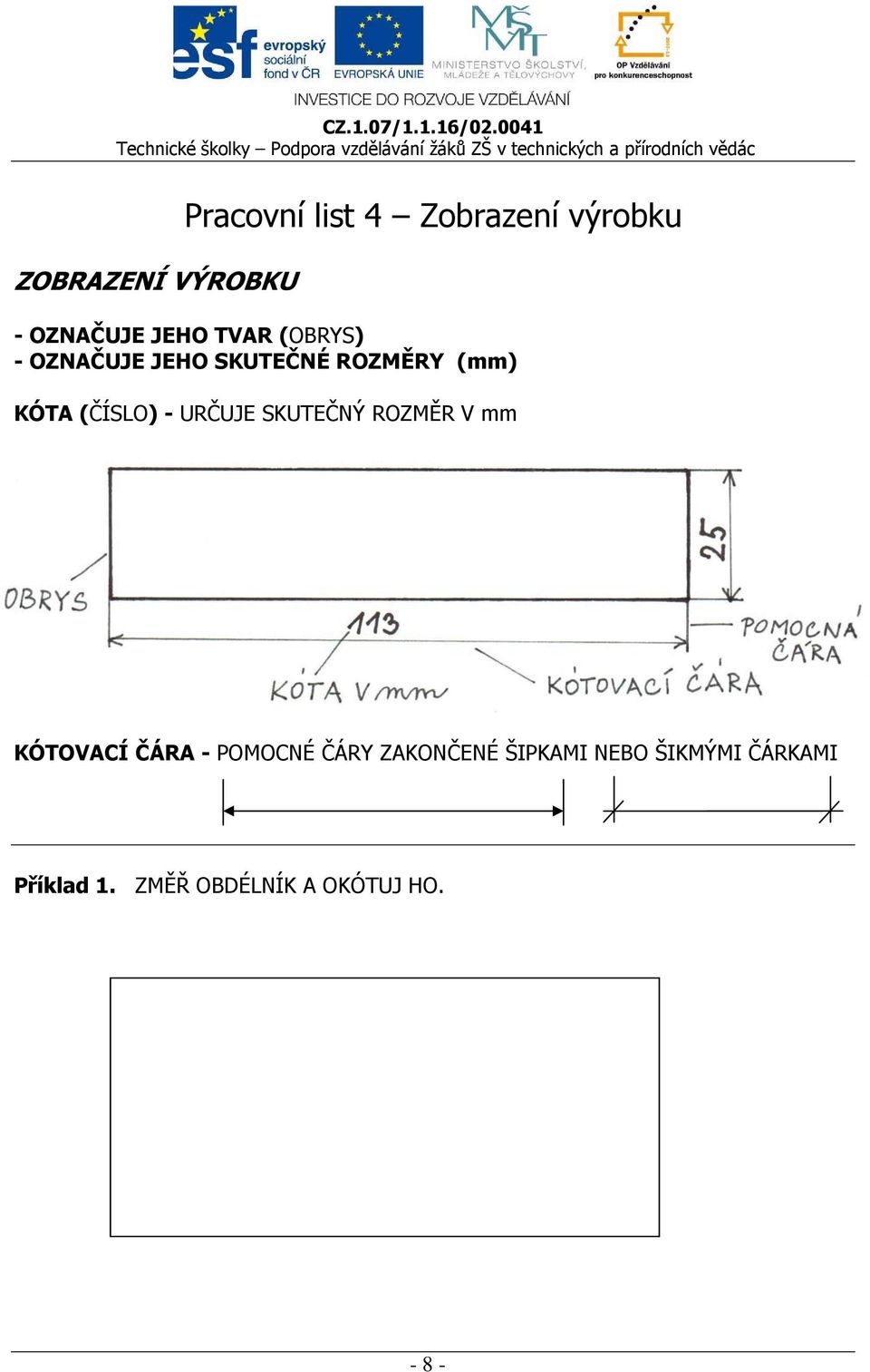 URČUJE SKUTEČNÝ ROZMĚR V mm KÓTOVACÍ ČÁRA - POMOCNÉ ČÁRY ZAKONČENÉ