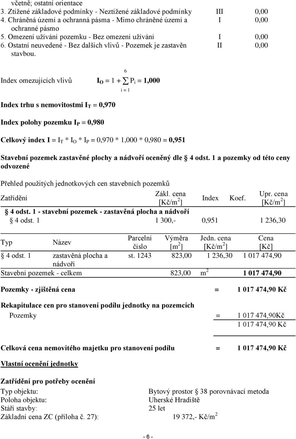 II 0,00 Index omezujících vlivů I O = 1 + P i = 1,000 Index trhu s nemovitostmi I T = 0,970 Index polohy pozemku I P = 0,980 Celkový index I = I T * I O * I P = 0,970 * 1,000 * 0,980 = 0,951 6 i = 1