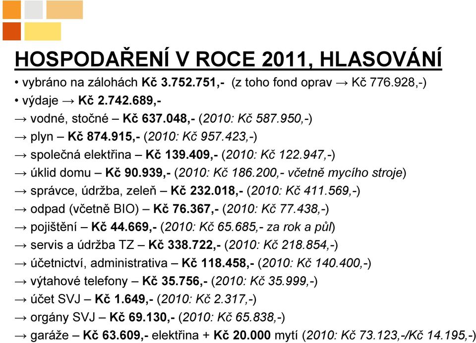 569,-) odpad (včetně BIO) Kč 76.367,- (2010: Kč 77.438,-) pojištění Kč 44.669,- (2010: Kč 65.685,- za rok a půl) servis a údržba TZ Kč 338.722,- (2010: Kč 218.854,-) účetnictví, administrativa Kč 118.