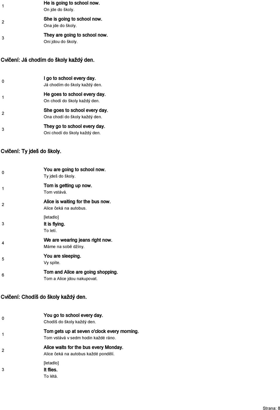 They go to school every day. Oni chodí do školy každý den. Cvičení: Ty jdeš do školy. You are going to school now. Ty jdeš do školy. Tom is getting up now. Tom vstává.