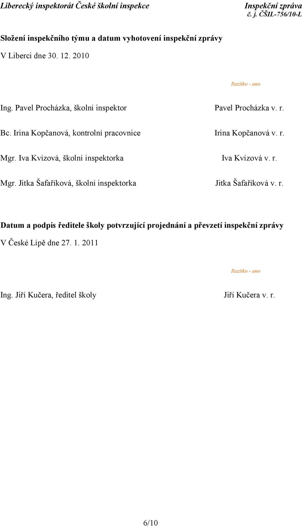 Iva Kvízová, školní inspektorka Iva Kvízová v. r.
