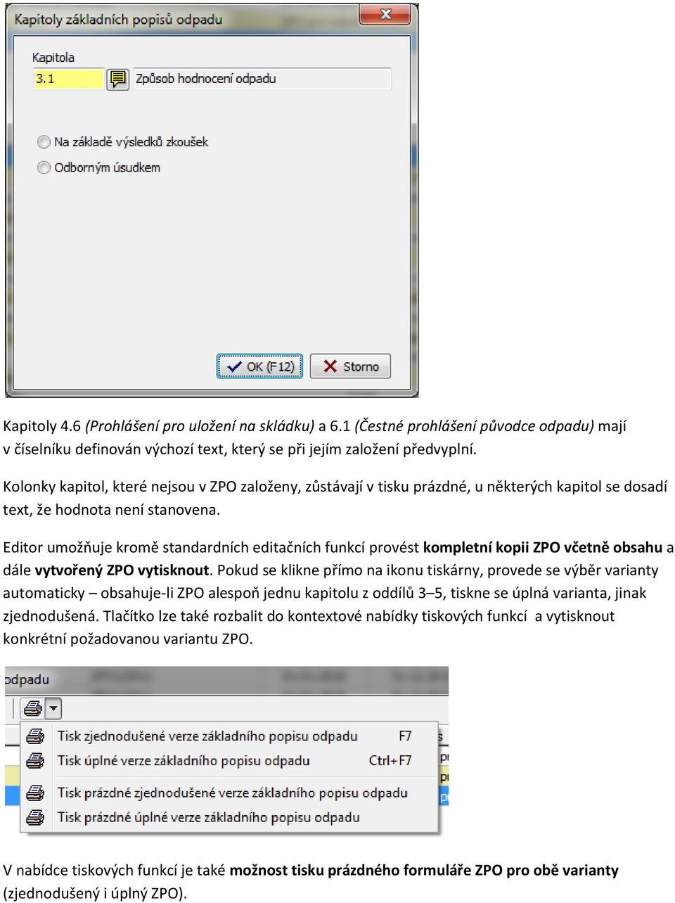 Editor umožňuje kromě standardních editačních funkcí provést kompletní kopii ZPO včetně obsahu a dále vytvořený ZPO vytisknout.